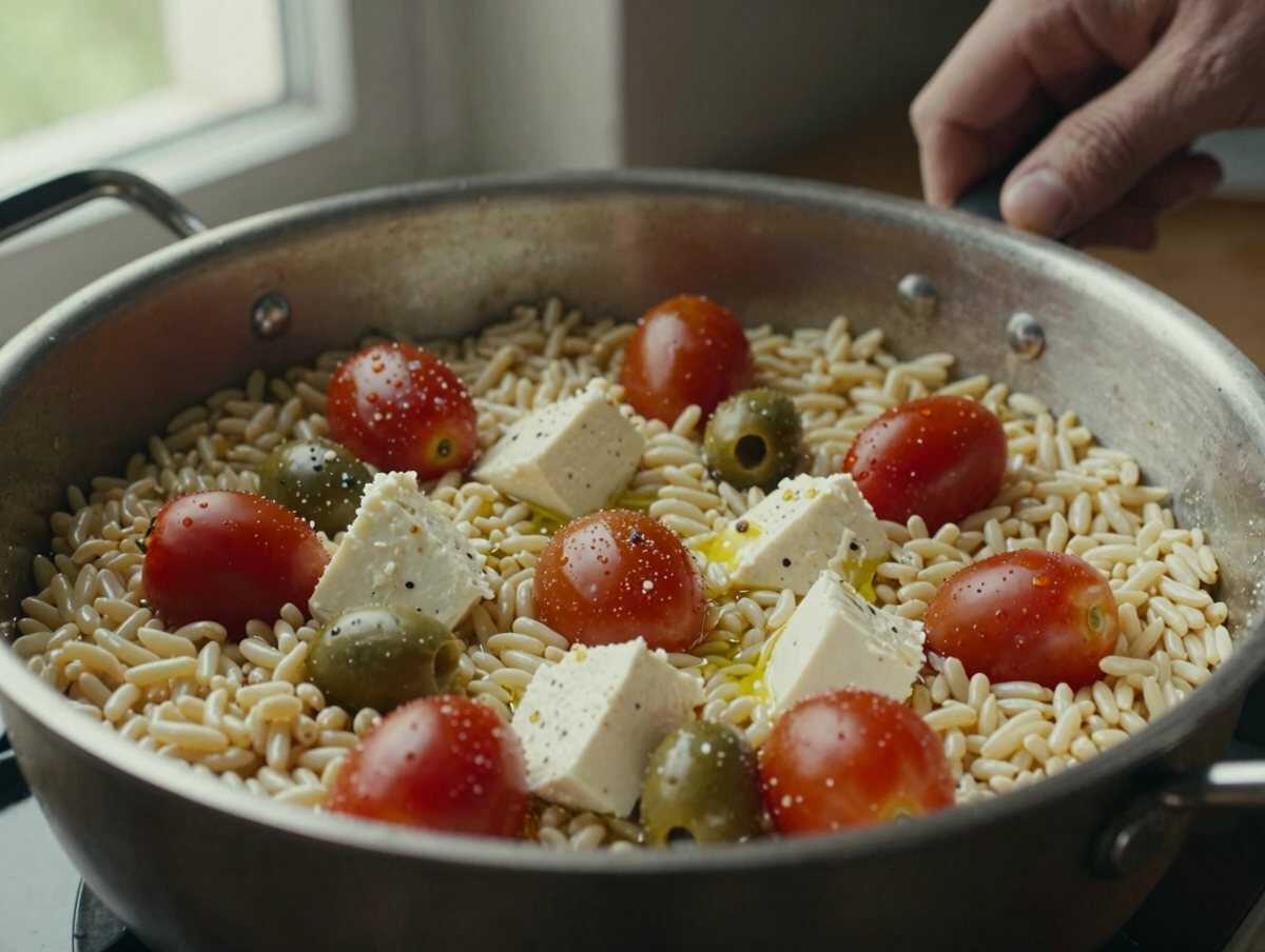 Assemblare l’insalata — Insalata di Orzo con Feta e Pomodorini
