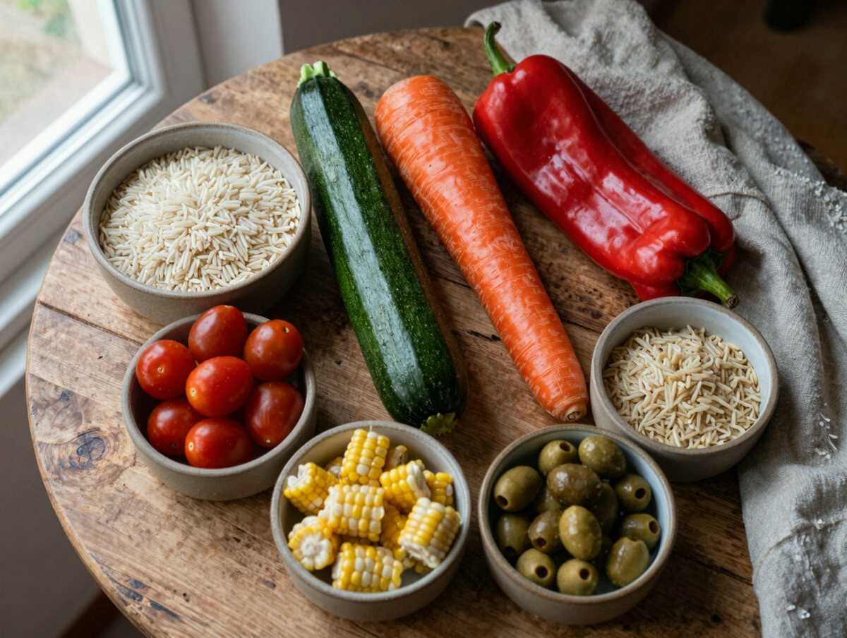 Gli ingredienti per Insalata di Riso Integrale con Verdure Croccanti