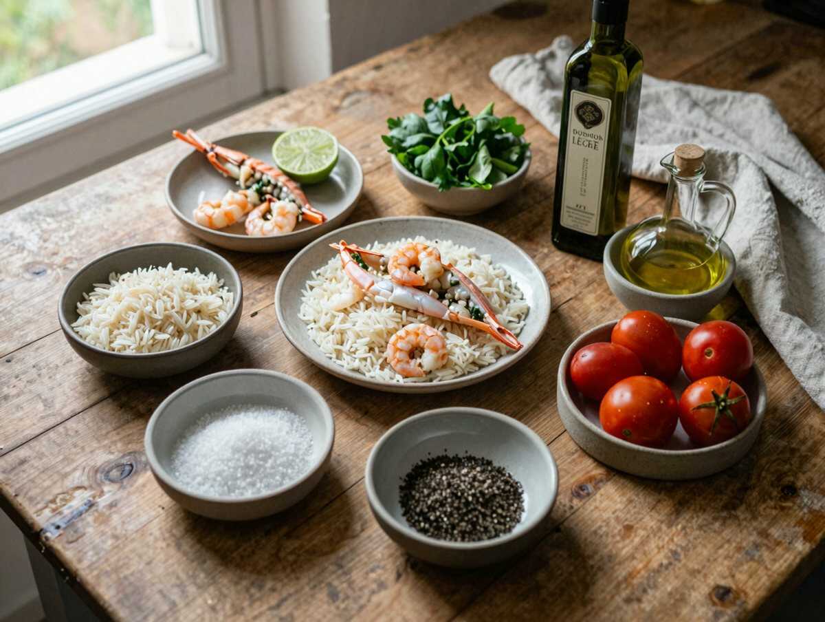 Gli ingredienti per Insalata di Riso Venere con Gamberi e Lime