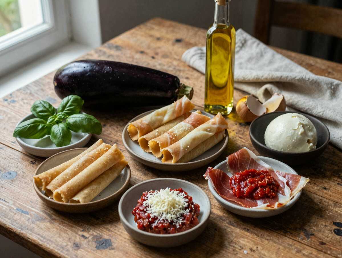 Gli ingredienti per Involtini di melanzane con prosciutto e provola facilissimi anche per chi non sa cucinare