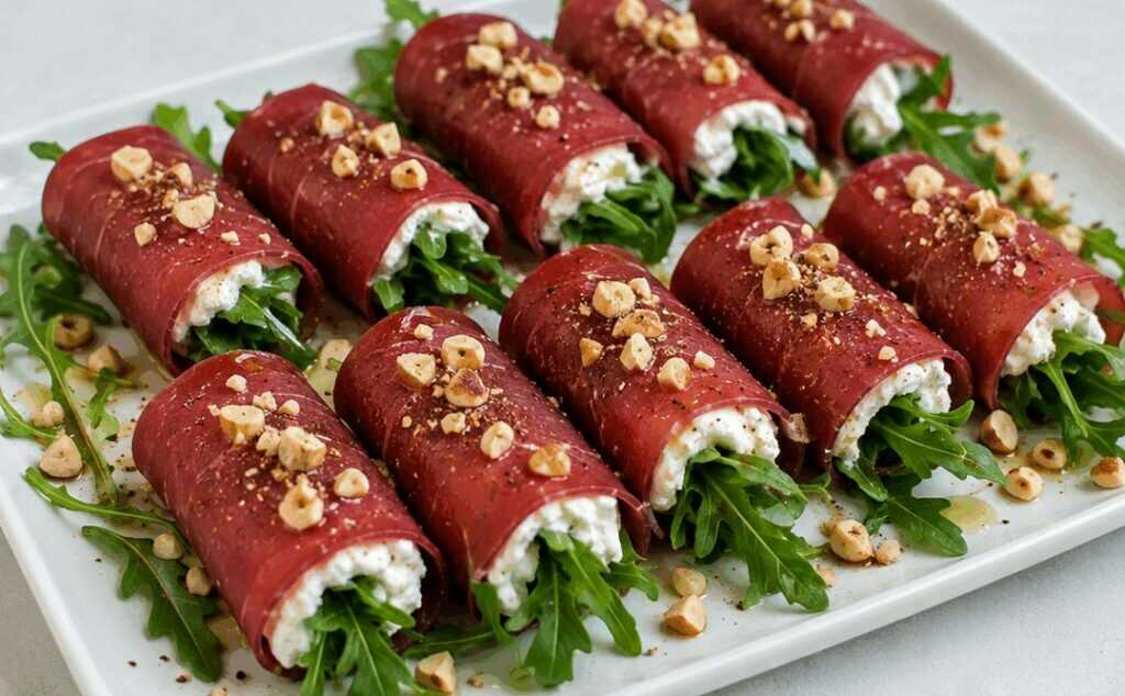 Involtini freddi di bresaola con robiola, rucola e nocciole