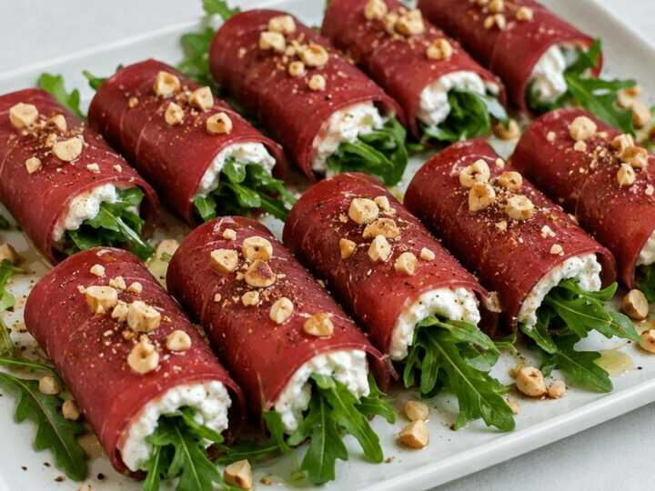 Involtini freddi di bresaola con robiola, rucola e nocciole