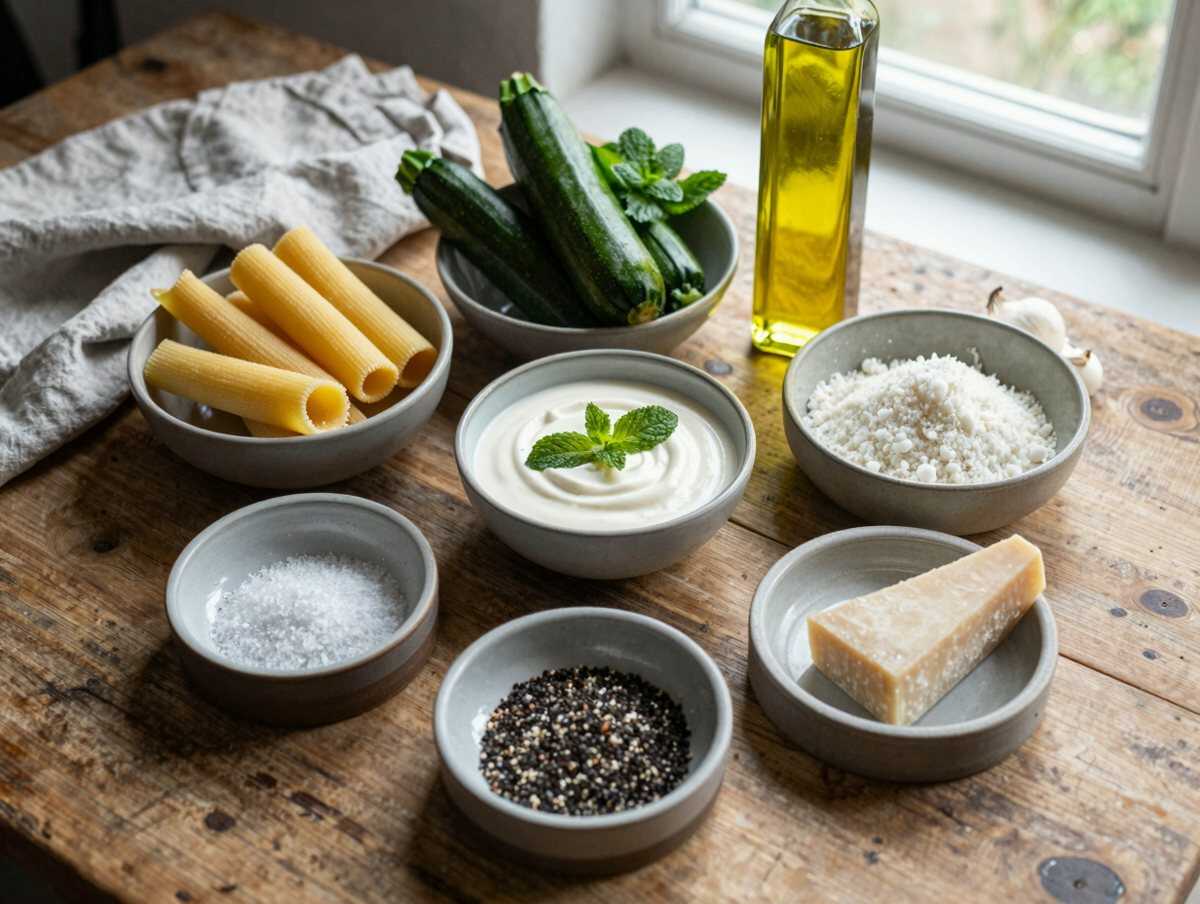 Gli ingredienti per Mezze Maniche con Crema di Zucchine e Menta