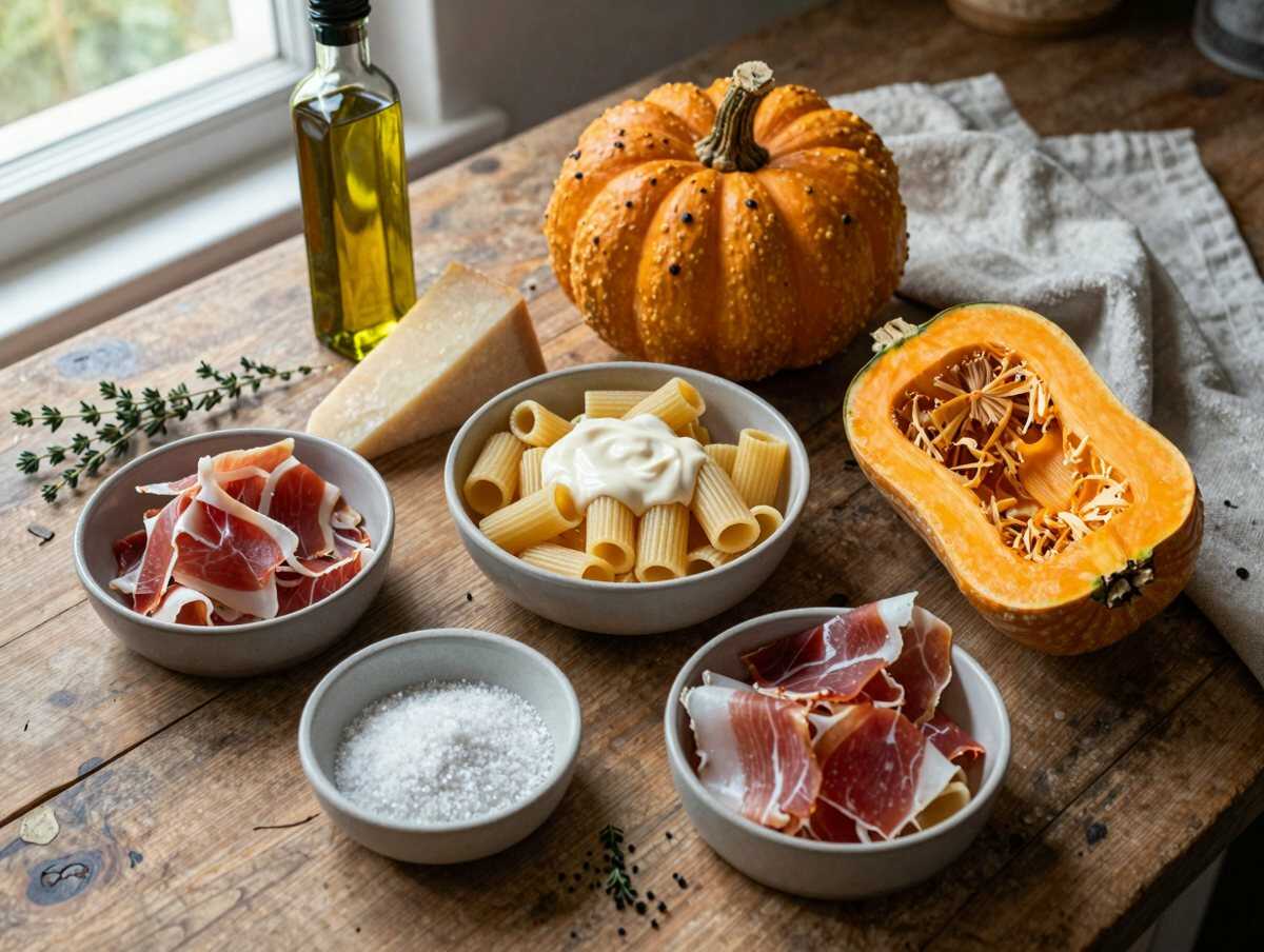 Gli ingredienti per Mezzi Rigatoni con Crema di Zucca e Speck