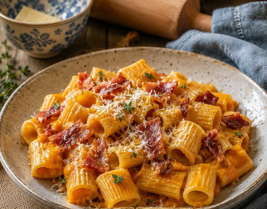 Mezzi Rigatoni con Crema di Zucca e Speck