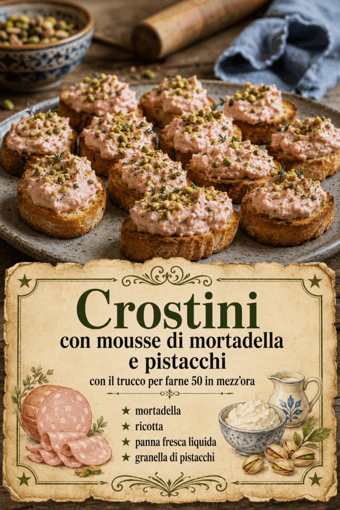 Crostini con mousse di mortadella e pistacchi con il trucco per farne 50 in mezz’ora