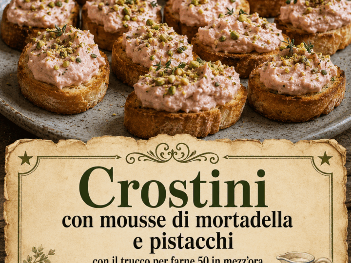 Crostini con mousse di mortadella e pistacchi con il trucco per farne 50 in mezz’ora