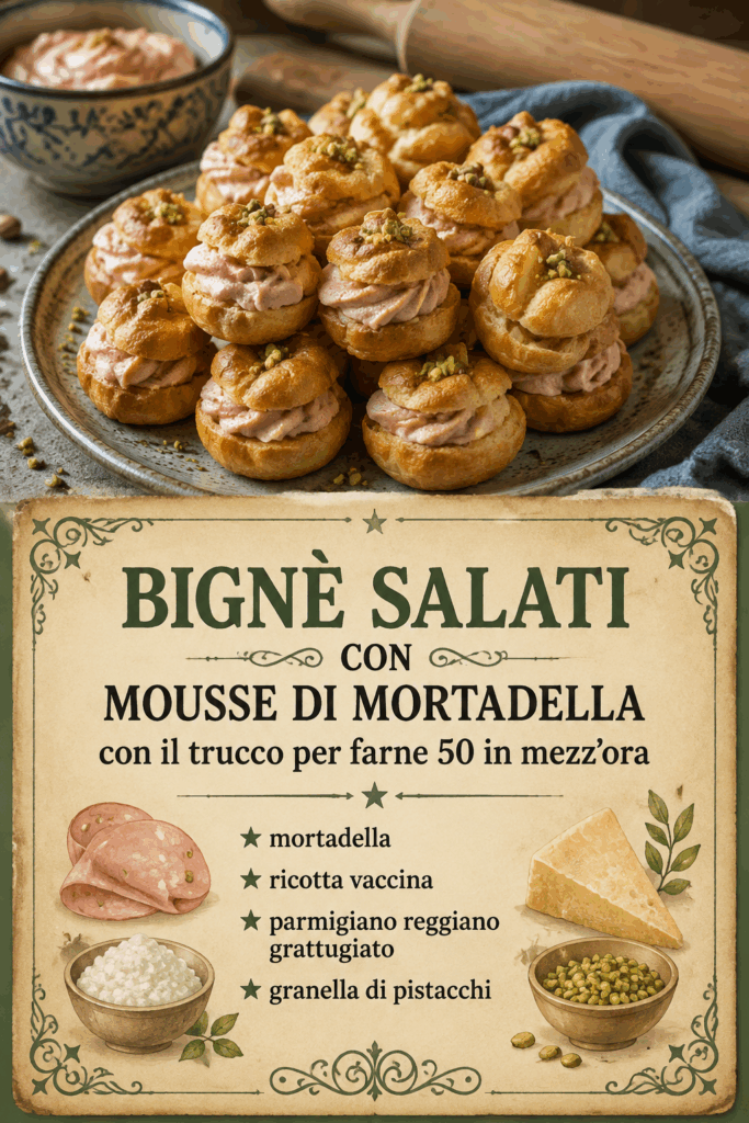 Bignè salati con mousse di mortadella con il trucco per farne 50 in mezz’ora