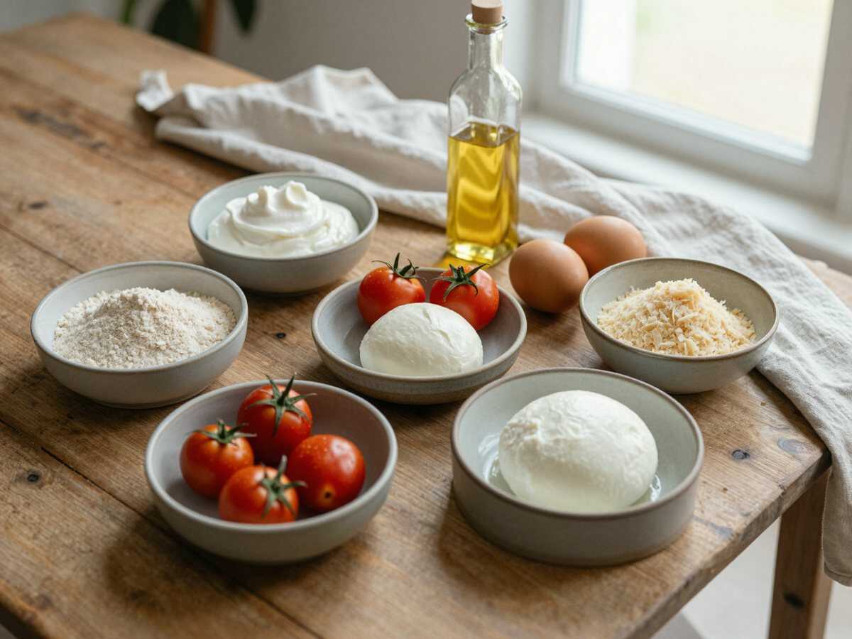 Gli ingredienti per Muffin salati con pomodorini e mozzarella perfetti per battesimi e comunioni