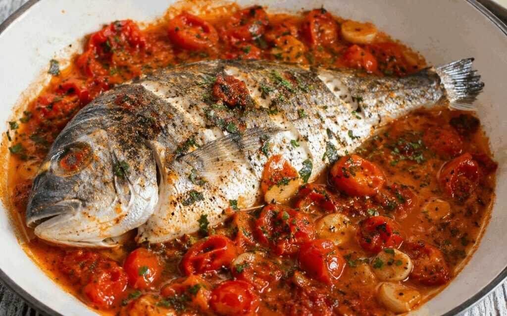 Orata all’Acqua Pazza con Pomodori, Aglio e Prezzemolo