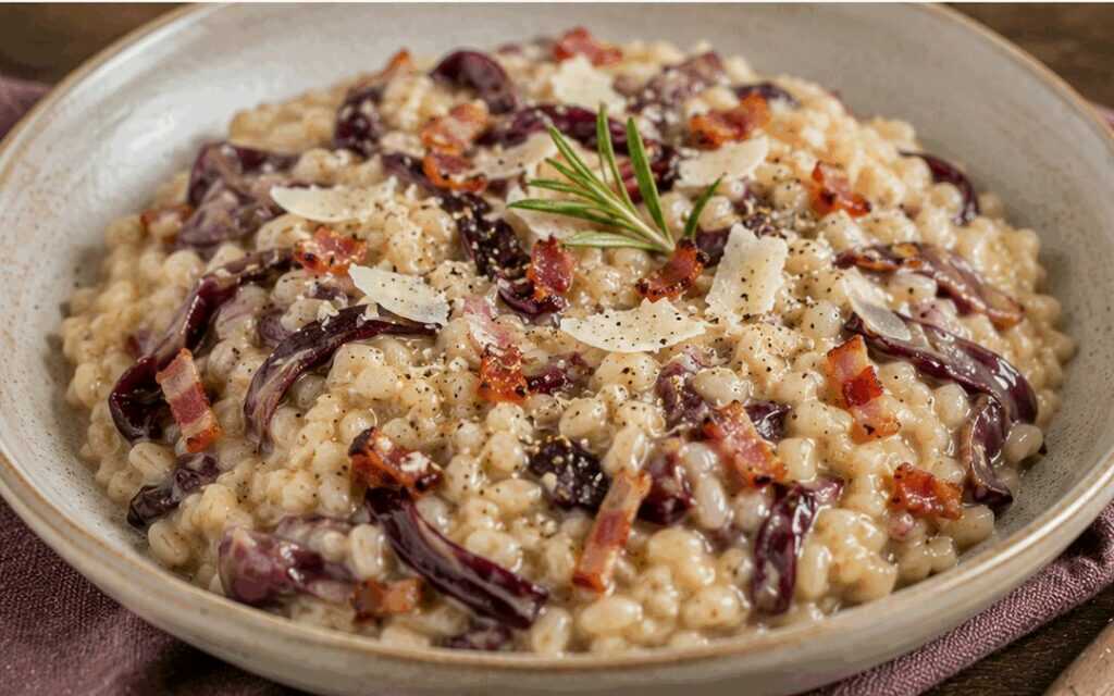 Orzotto con Radicchio e Speck: un Primo Piatto Cremoso dal Gusto di Montagna