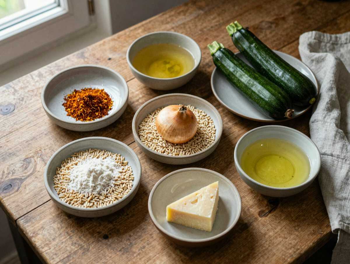 Gli ingredienti per Orzotto Zucchine e Zafferano
