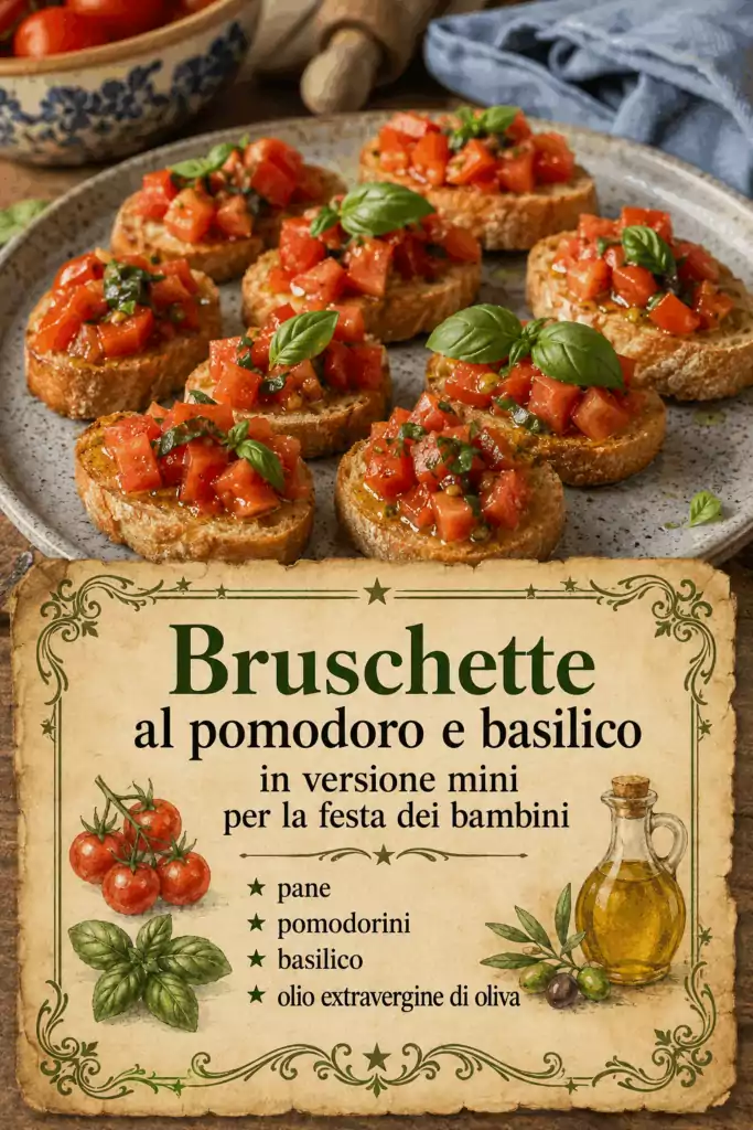 Bruschette al pomodoro e basilico in versione mini per la festa dei bambini