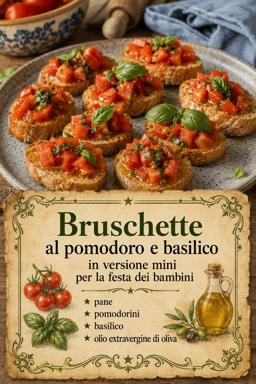 Bruschette al pomodoro e basilico in versione mini per la festa dei bambini