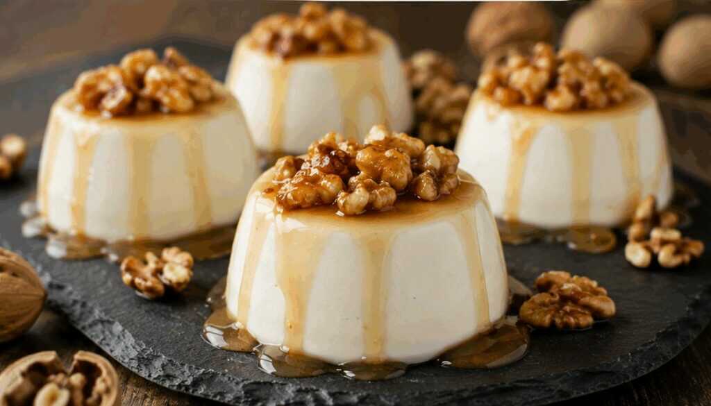 Panna cotta al miele di castagno e noci caramellate