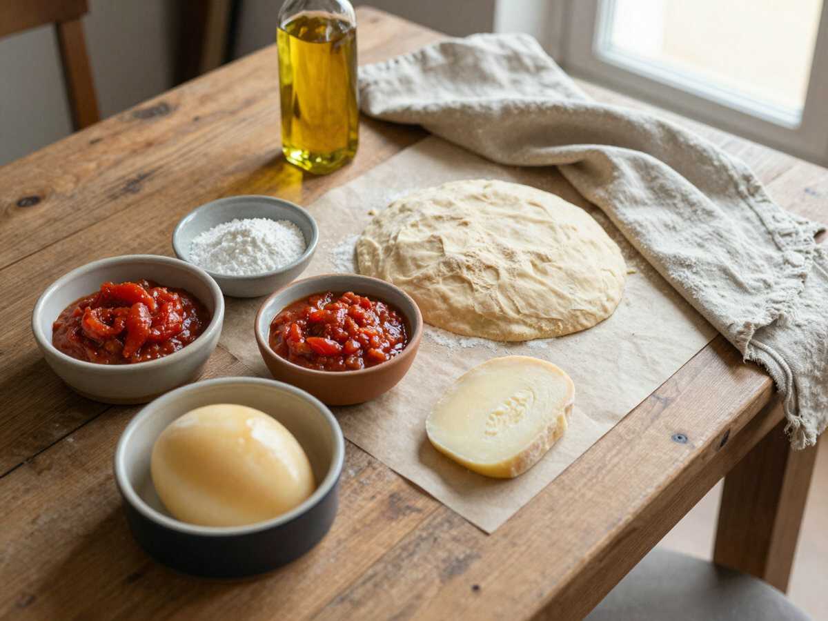 Gli ingredienti per Panzerottini al forno con pomodoro e scamorza, come in rosticceria ma fatti in casa