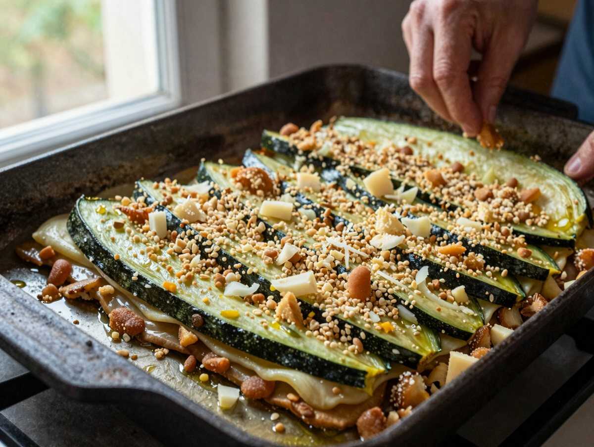 Gli strati di zucchine, prosciutto cotto e formaggio nella pirofila prima di andare in forno