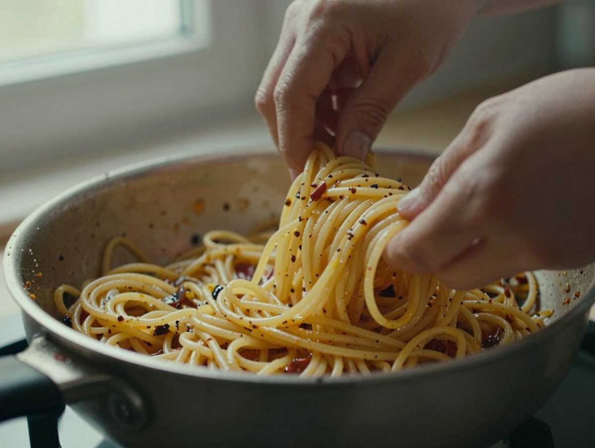 3. Mantecare — Pasta Aglio, Olio e Peperoncino: la Ricetta Semplice e Gustosa Pronta in Soli 15 Minuti