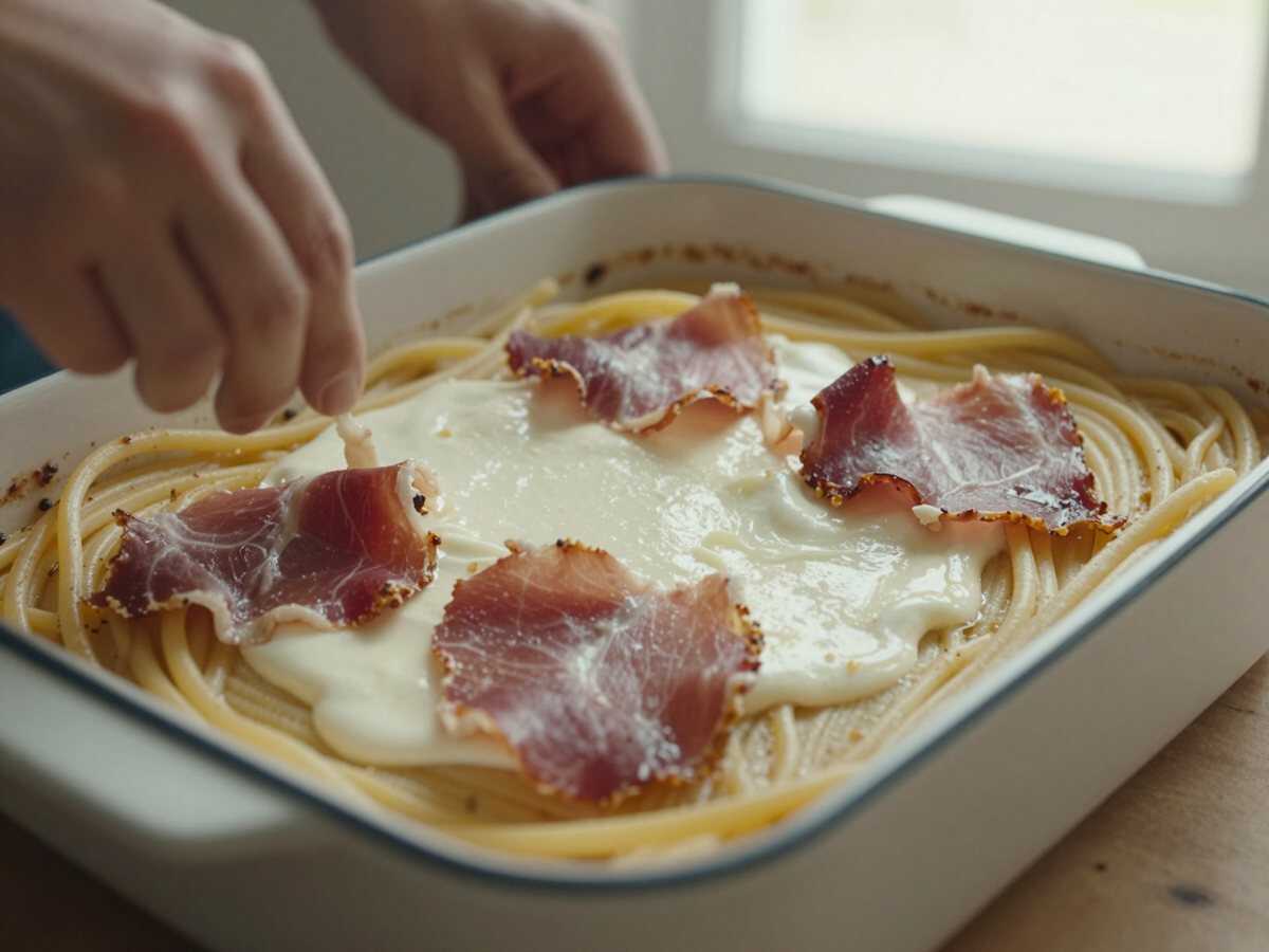 4. Assemblare — Pasta al Forno con Mozzarella e Prosciutto: la Ricetta Filante e Gustosa Perfetta per Tutta la Famiglia
