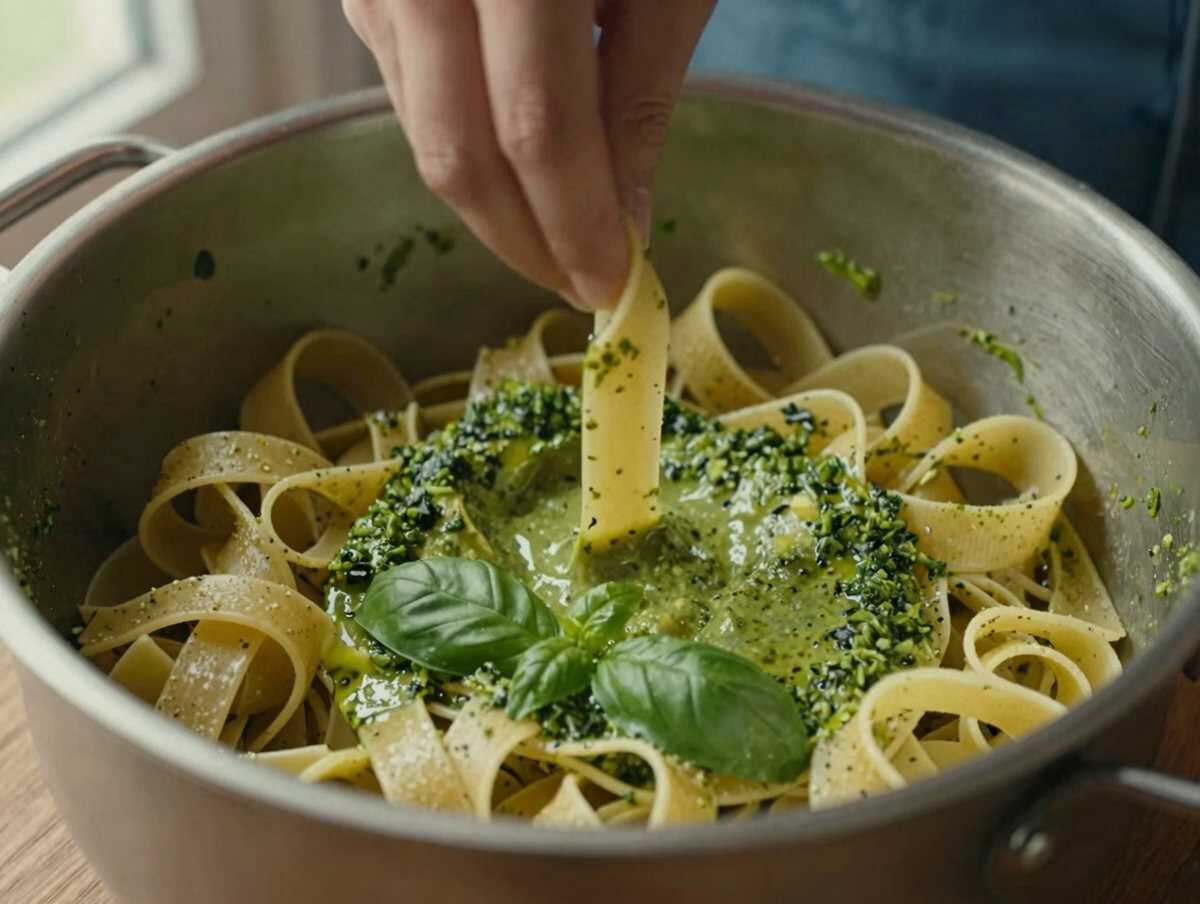 Mantecare la pasta — Pasta al Pesto di Avocado e Basilico