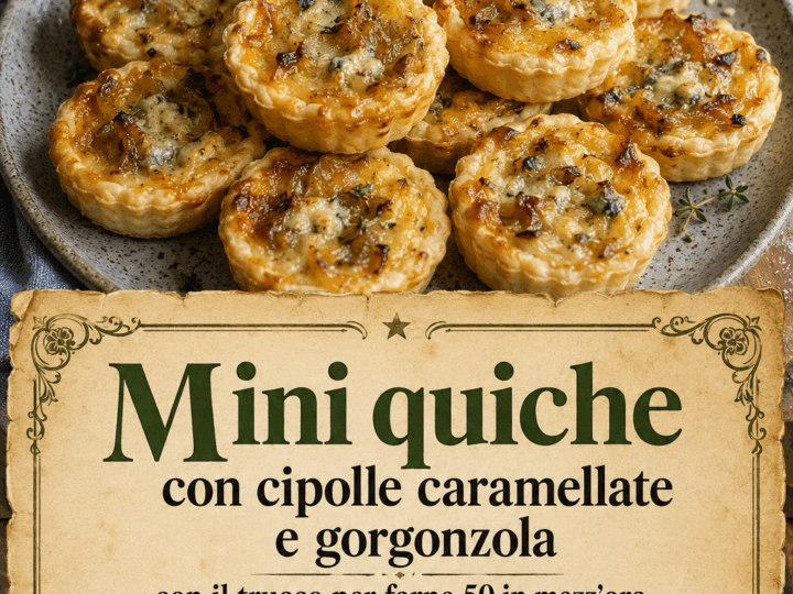 Mini quiche con cipolle caramellate e gorgonzola con il trucco per farne 50 in mezz’ora