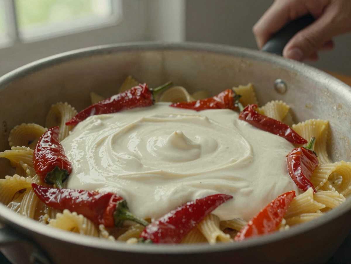 4. Mantecare — Pasta con Crema di Peperoni e Stracciatella: la Ricetta Colorata e Cremosa che Conquista al Primo Assaggio