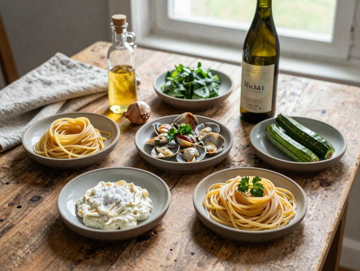 Gli ingredienti per Pasta con Gamberi e Zucchine Cremosa