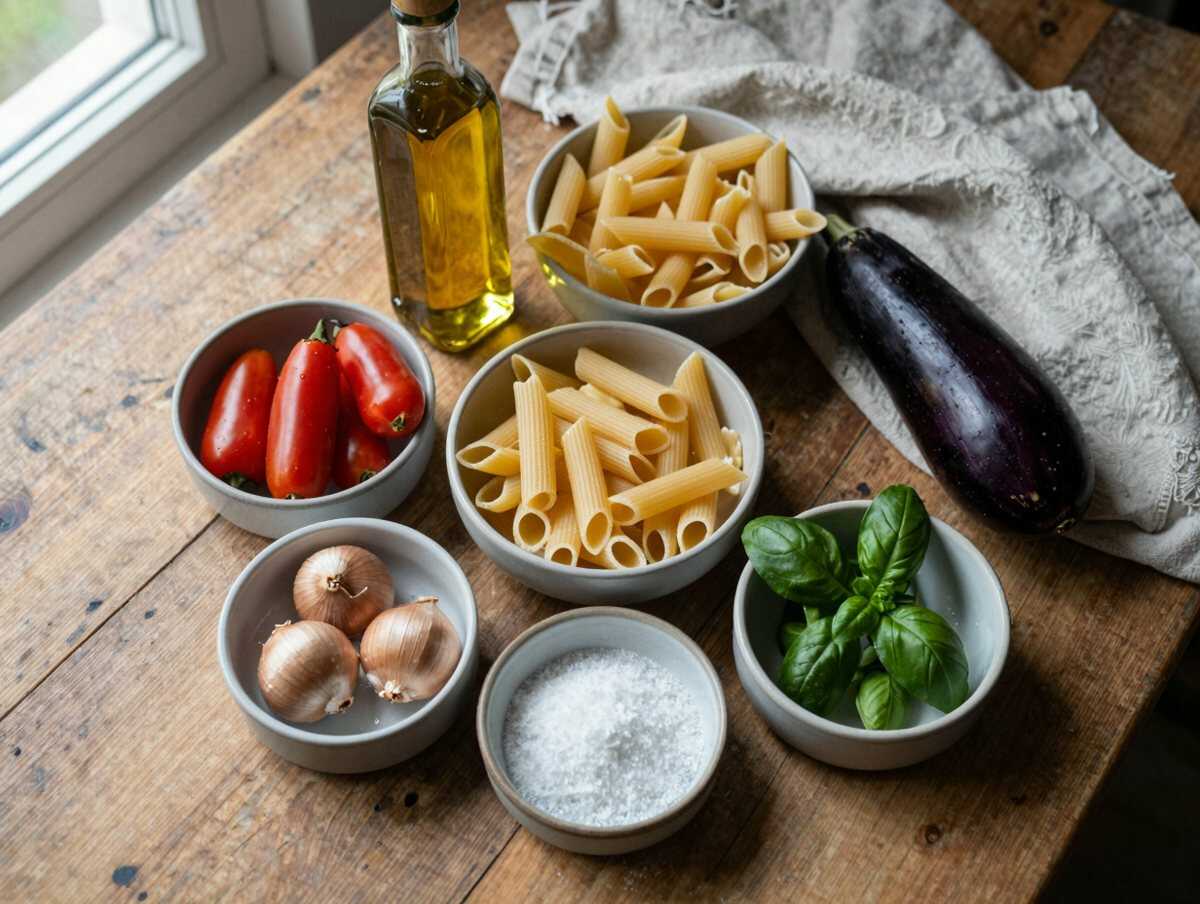 Gli ingredienti per Pasta con Melanzane a Funghetto