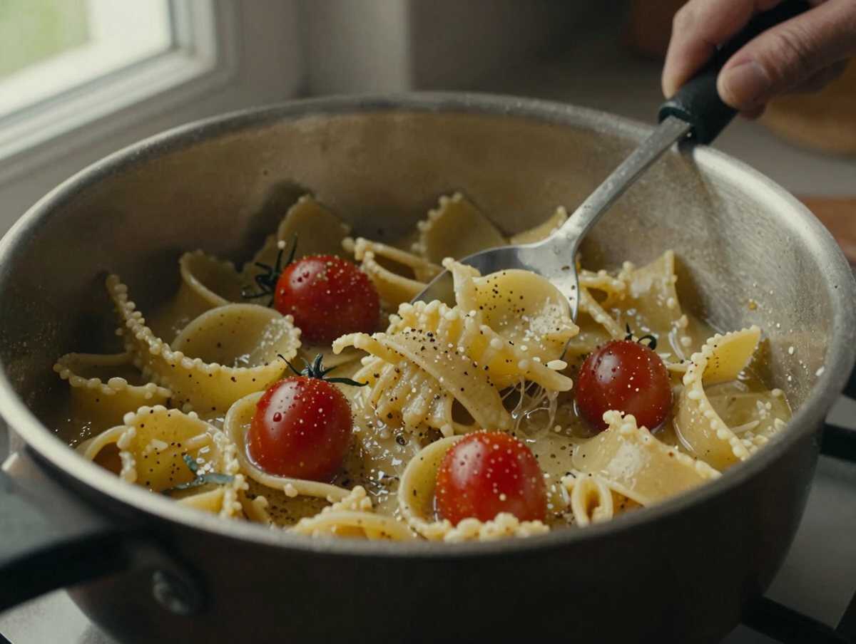 Aggiungi zucchine e pomodorini — Pasta del Contadino con Verdure di Stagione