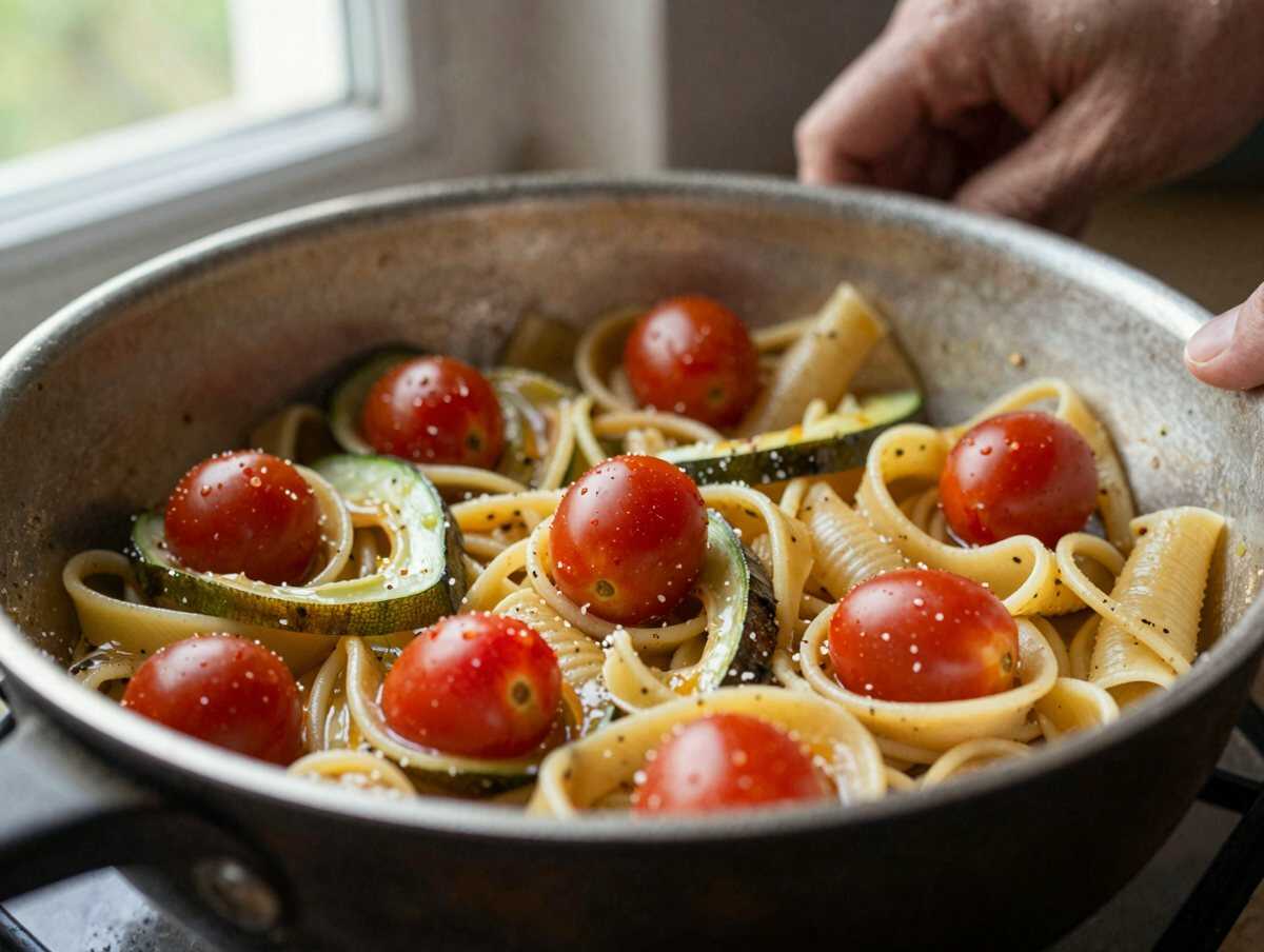 Aggiungere i pomodorini — Pasta Integrale con Zucchine e Pomodorini: la Ricetta Leggera e Colorata Pronta in 20 Minuti