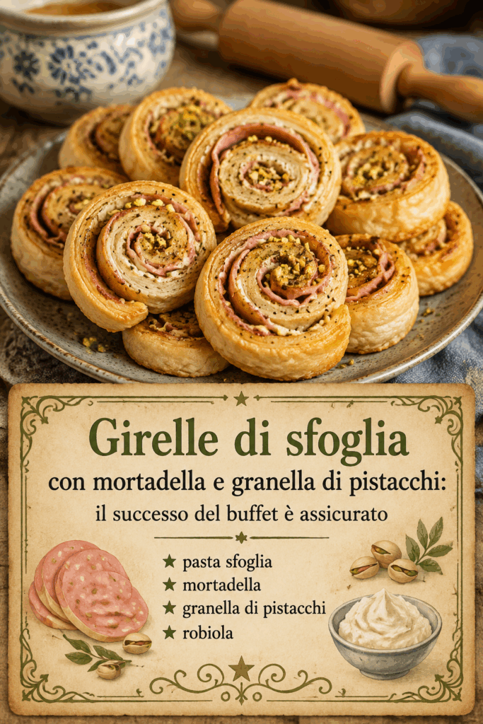 Girelle di sfoglia con mortadella e granella di pistacchi: il successo del buffet è assicurato