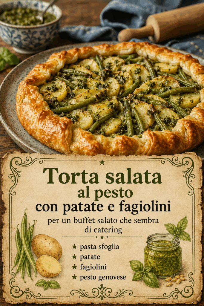 Torta salata al pesto con patate e fagiolini per un buffet salato che sembra di catering