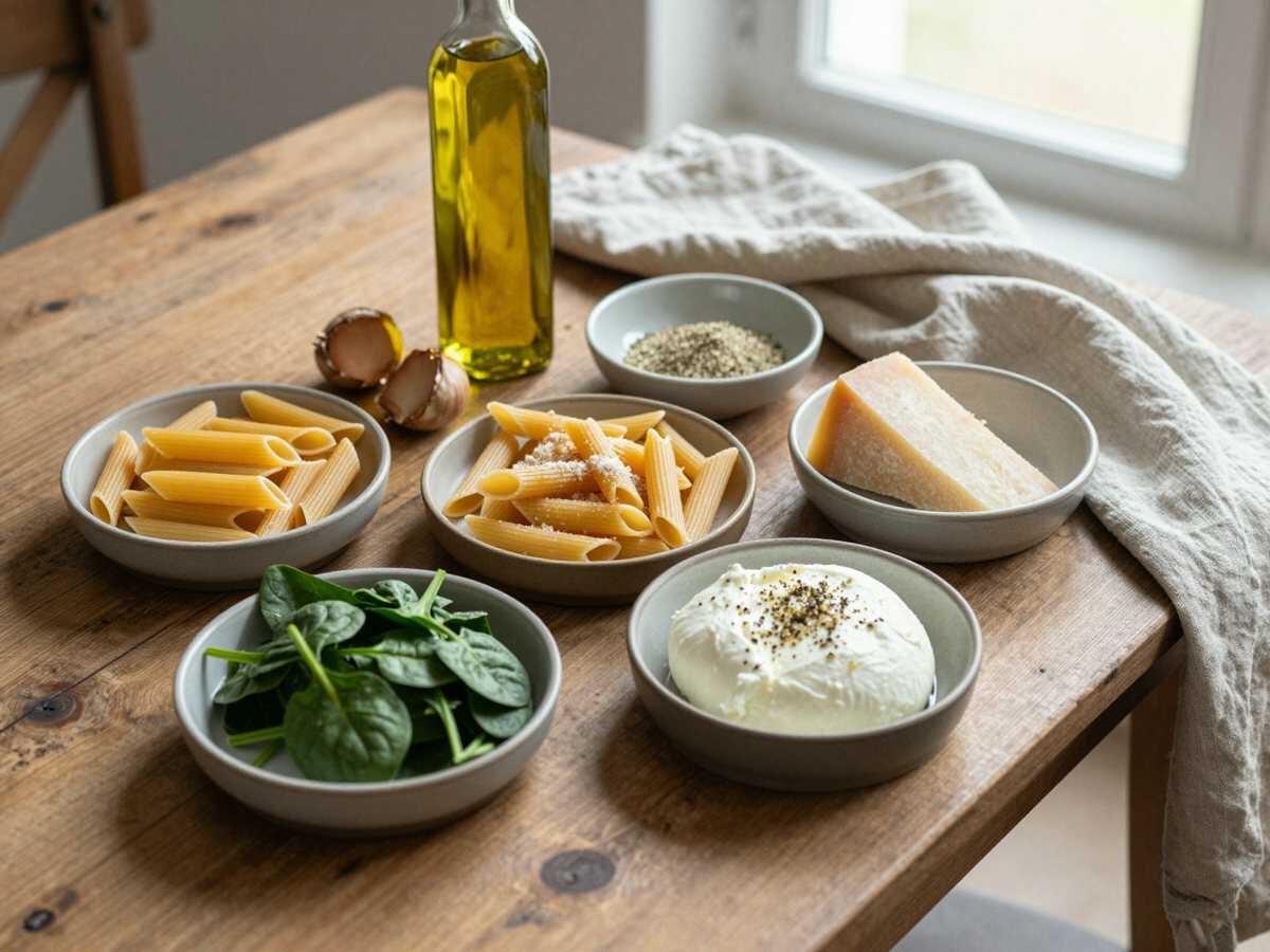 Gli ingredienti per Penne Integrali con Ricotta e Spinaci