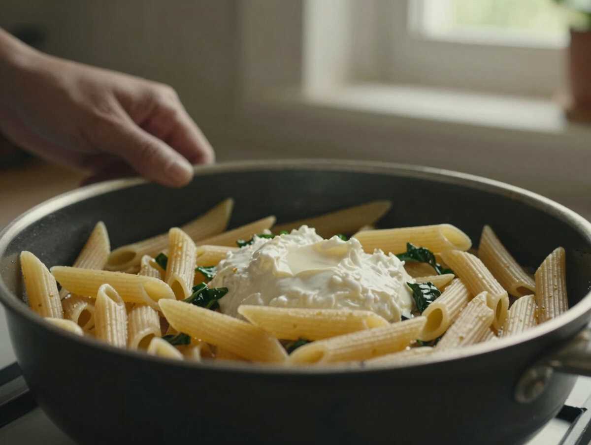 Cuocere la pasta — Penne Integrali con Ricotta e Spinaci