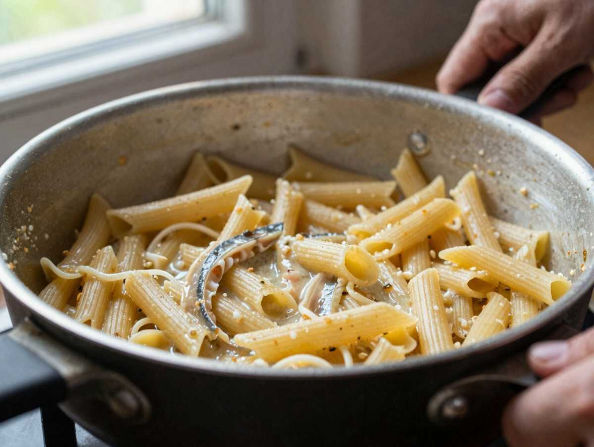 Mantecare le pennette — Pennette al Tonno e Limone in 10 Minuti