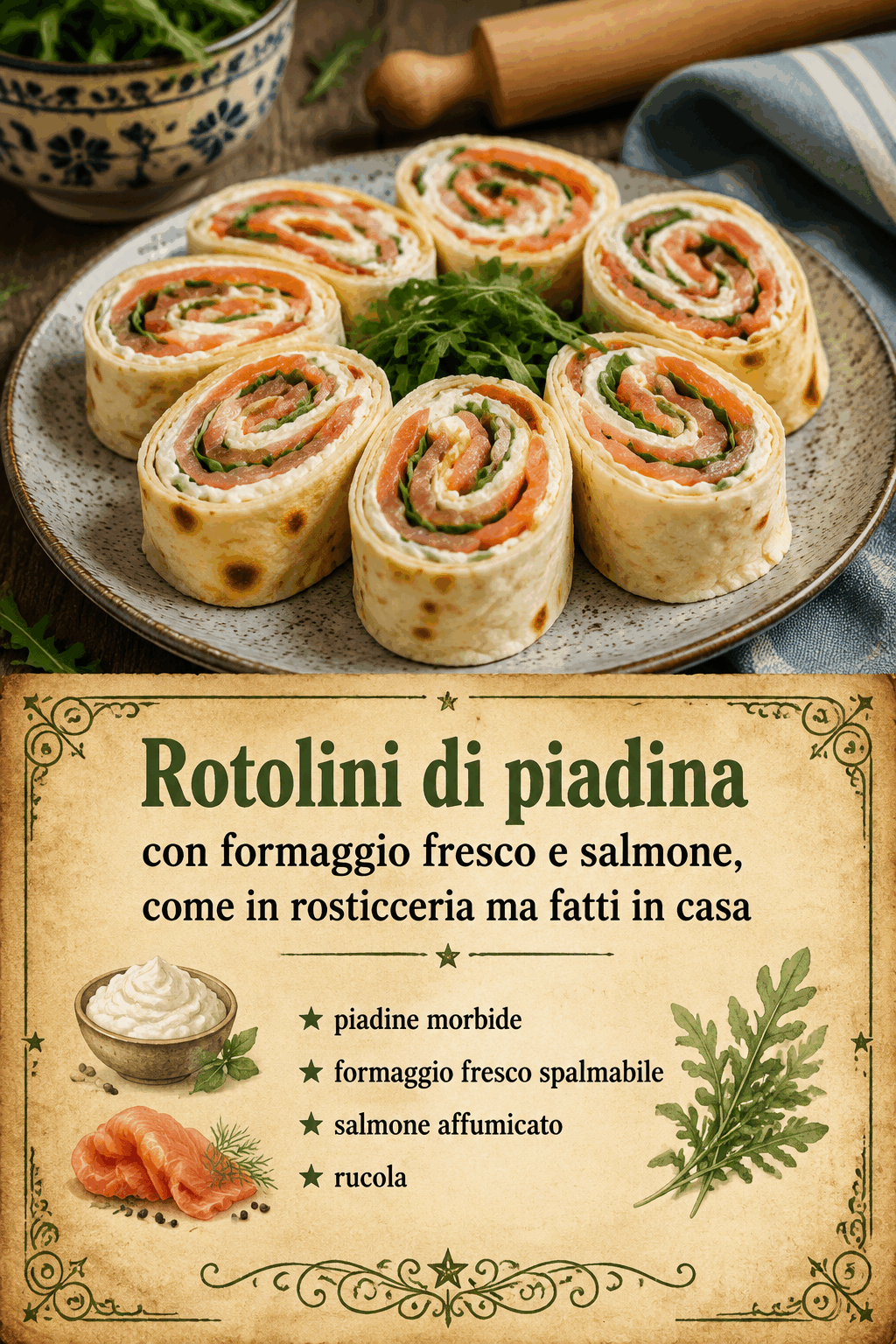 Rotolini di piadina con formaggio fresco e salmone, come in rosticceria ma fatti in casa