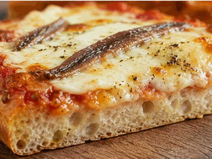 Pizza al tegamino con mozzarella e acciughe piemontese