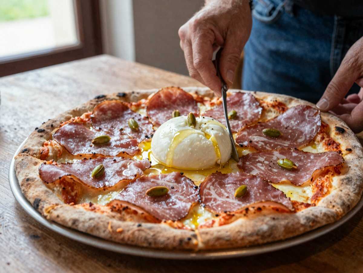 4. Condire la base — Pizza con Mortadella, Pistacchi e Burrata: la Ricetta Gourmet Cremosa e Irresistibile