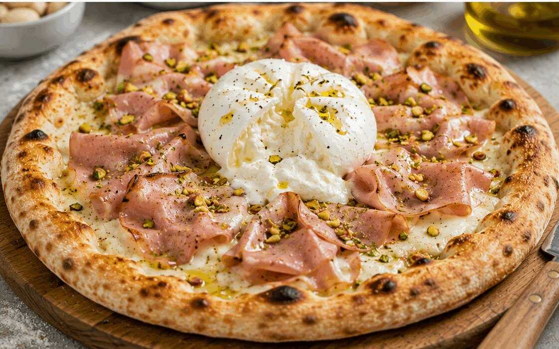 Pizza con Mortadella, Pistacchi e Burrata: la Ricetta Gourmet Cremosa e Irresistibile