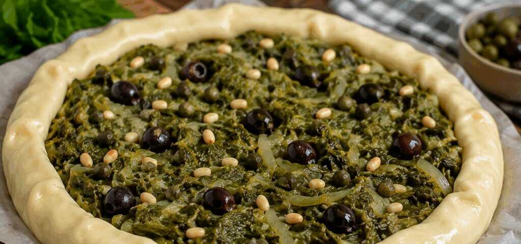 Pizza di scarola napoletana con olive, capperi e pinoli