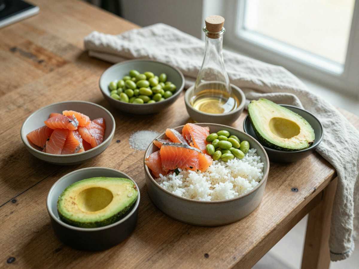 Gli ingredienti per Poke Bowl di Riso con Salmone e Edamame