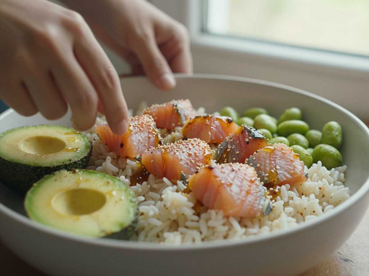 Preparare salmone e verdure — Poke Bowl di Riso con Salmone e Edamame