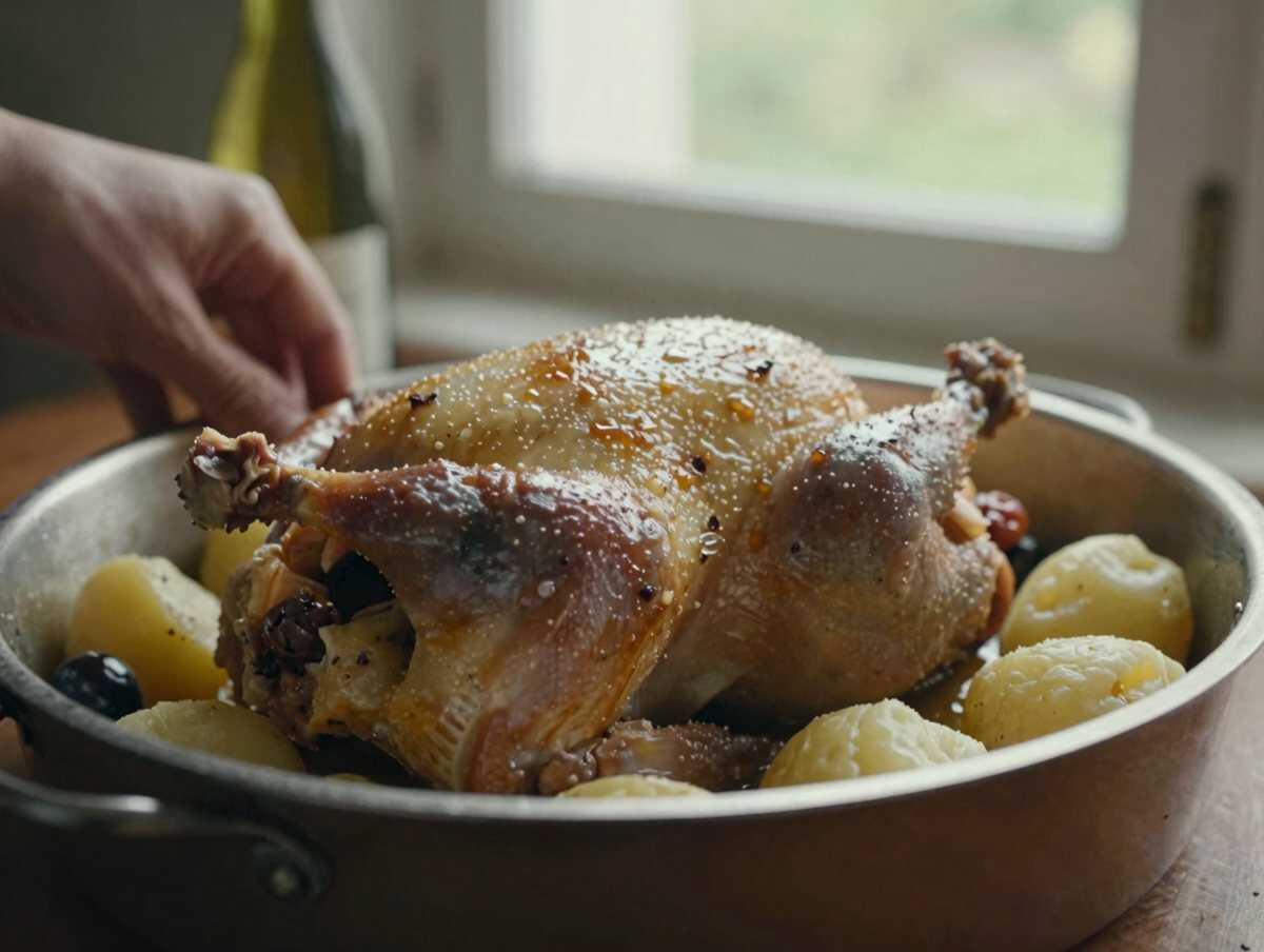 4. Sfumare con il vino — Pollo al Forno con Patate e Olive: la Ricetta Rustica e Profumata che Conquista Tutta la Famiglia