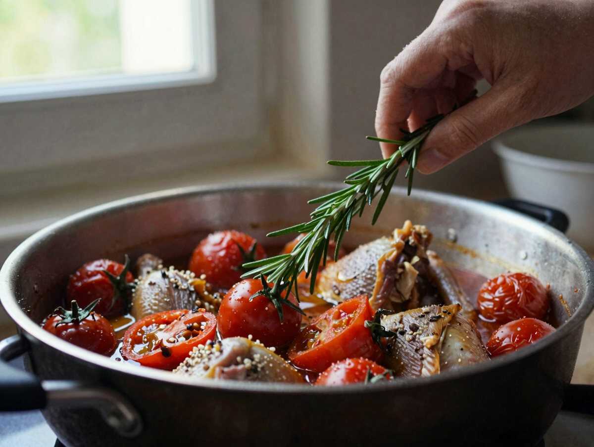 Un passaggio della preparazione — Pollo alla cacciatora con pomodori, vino rosso e rosmarino