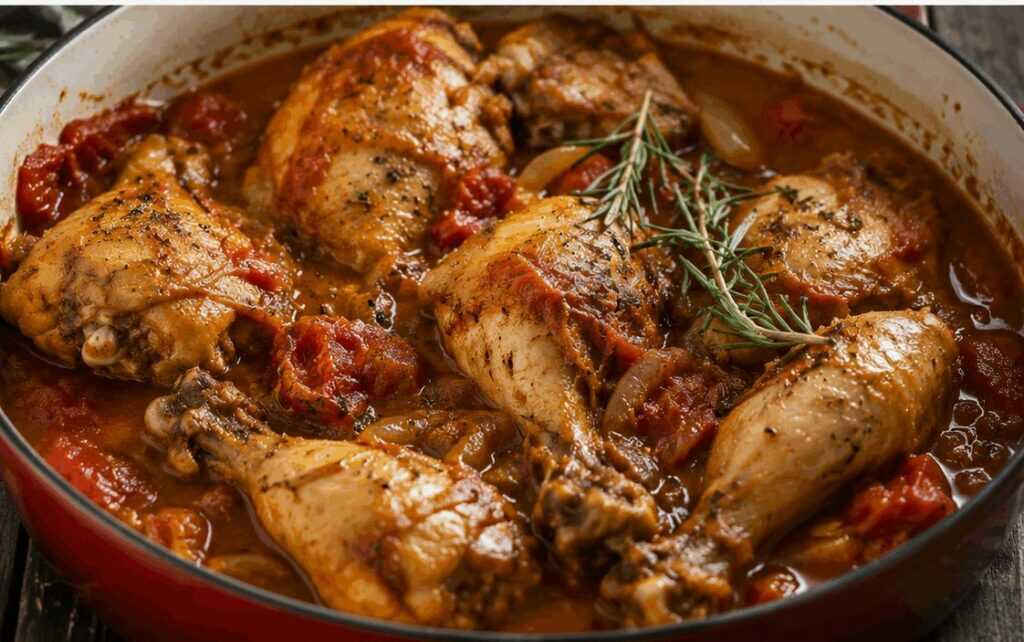 Pollo alla cacciatora con pomodori, vino rosso e rosmarino
