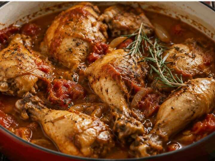 Pollo alla cacciatora con pomodori, vino rosso e rosmarino