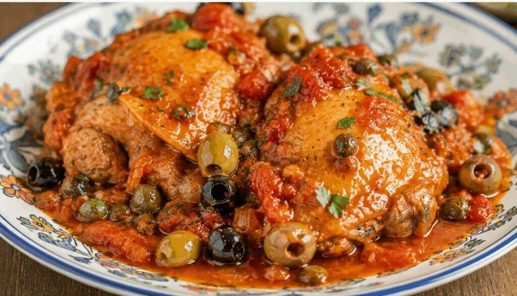Pollo alla ghiotta con olive, capperi e pomodoro