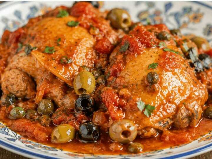 Pollo alla ghiotta con olive, capperi e pomodoro
