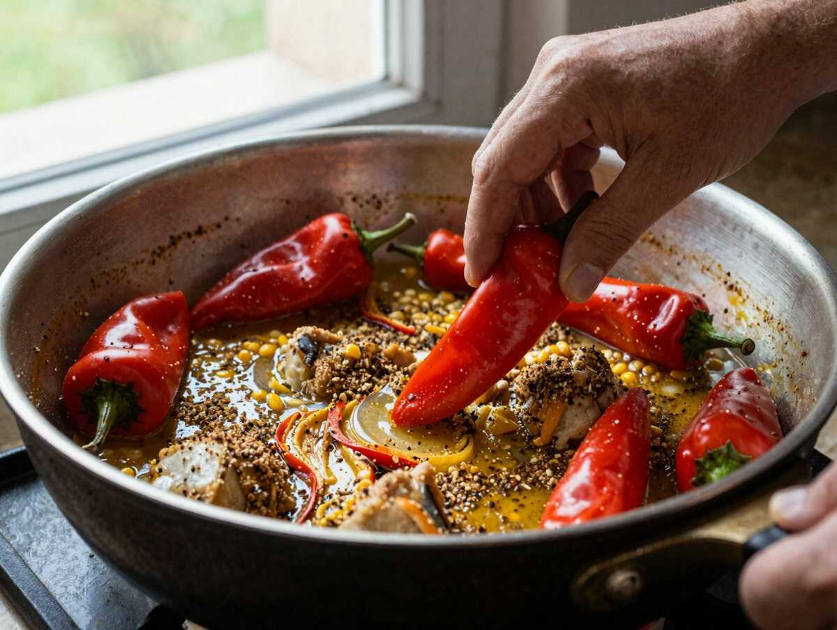 Cuoci peperoni e spezie — Pollo alla Messicana con Peperoni e Mais