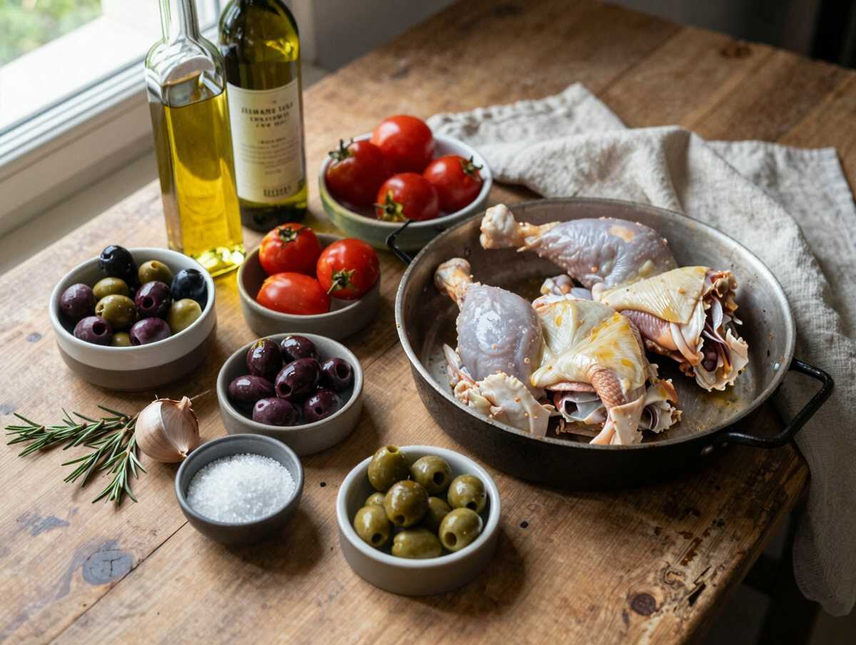 Gli ingredienti per Pollo alle Olive e Pomodorini in Padella